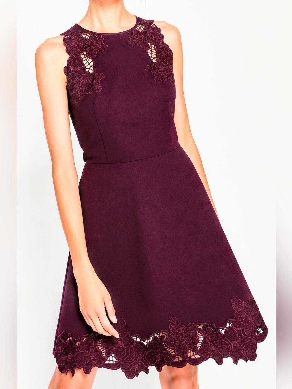 Ted Baker Emmona Embroidered Skater Dress | Burgundy Floral Lace | Size 1 (US 4)